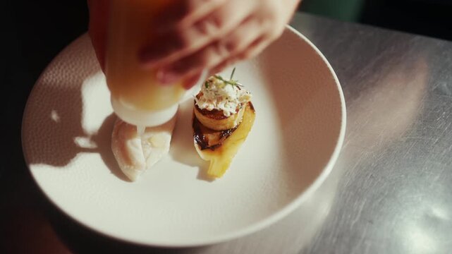 Chef adds sauce to a beautifully plated scallop dish in a kitchen