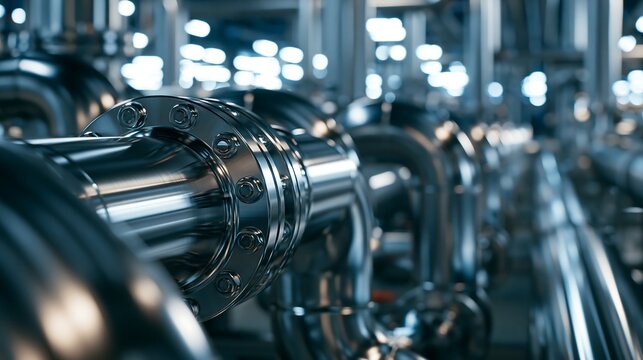 Shiny industrial steel pipes with bolted flanges isolated on transparent background. Ideal for energy, manufacturing, and chemical infrastructure design concepts.