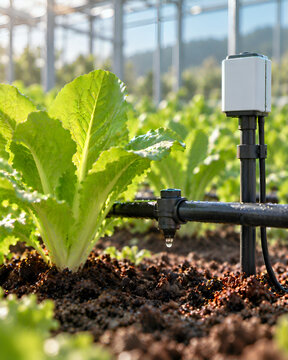 Smart drip irrigation system watering lettuce in greenhouse