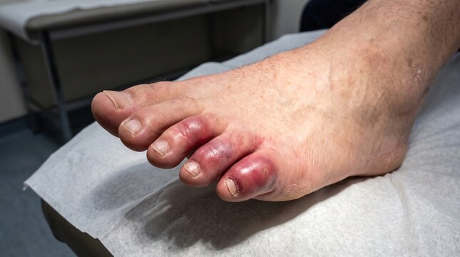 Close Up of Swollen Red Purple Chilblains Frostbite Toes Reaction on Patient Foot