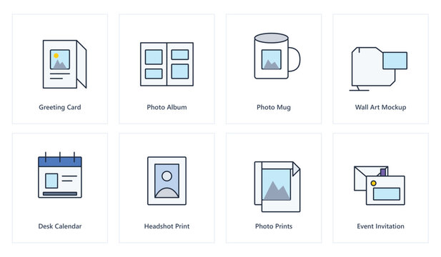 Photo gift, mockup, and print product icon set &ndash; editable color vector symbols of mug, album, card, print, headshot and gift item