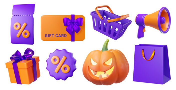 Halloween set with gift box, bags, basket, megaphone, pumpkin, gift cards, isolated on background. Vibrant 3d icons for parties, Halloween.
