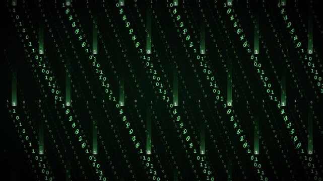 Matrix style green binary code falling downwards on dark background
