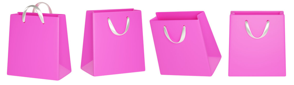 Set of 3D Cartoon Pink Shopping Bag Isolated. Modern retail icon for ecommerce, gifts, fashion, and branding.
