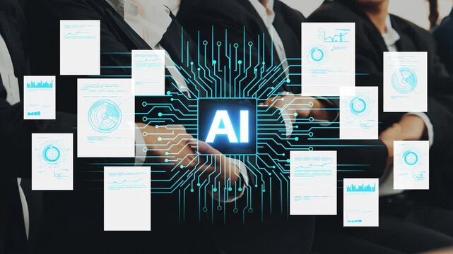 Business professionals seated in a modern office with an AI concept represented by digital data and graphs on a futuristic circuit board backdrop. Entropy.