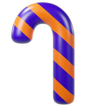 3D Cartoon Purple and Orange Candy Cane Isolated. Playful holiday decor for parties, Halloween.
