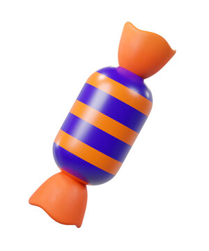3D Cartoon Striped Wrapped Candy Isolated. Playful, festive decor for parties, Halloween.
