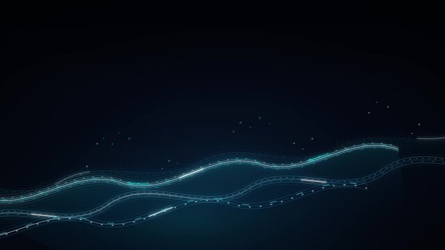 Glowing digital sound wave moving smoothly on dark blue background
