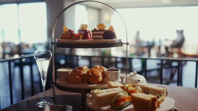 Elegant afternoon tea set on a table with champagne and a view