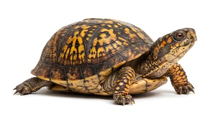 Fototapeta premium Eastern box turtle standing isolated on a plain white background 