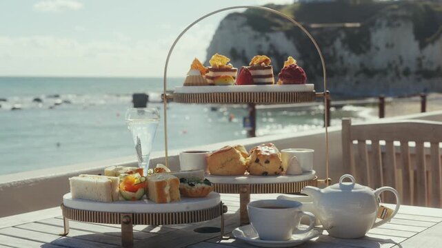 Afternoon tea set on a patio overlooking a coastal cliff landscape