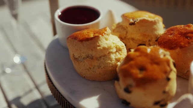 Hand reaches for a scone with jam on a tiered serving platter