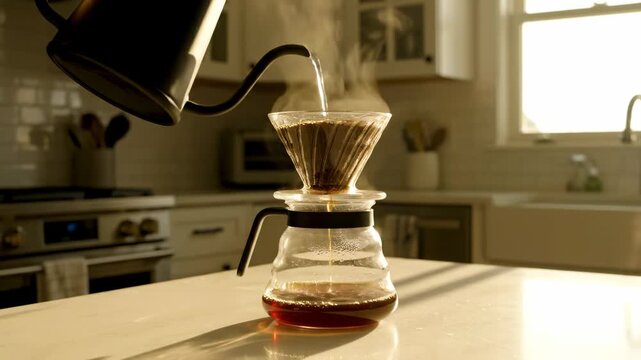Pouring hot water into coffee dripper on kitchen counter.