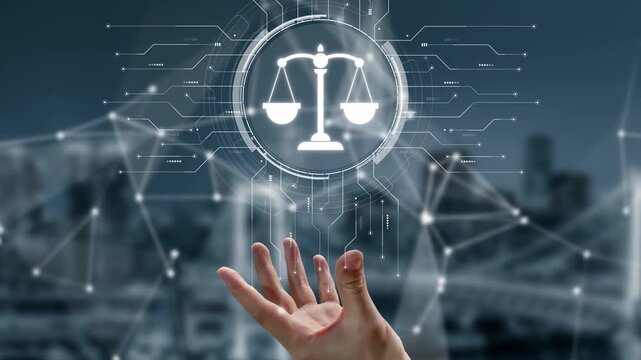Futuristic digital law interface displaying justice scale, highlighting digital law, AI compliance, digital law systems, and digital law regulations for secure governance. Muxer