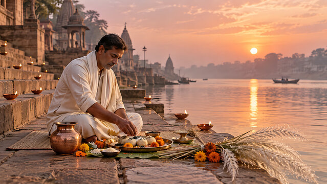 Traditional riverside ancestral offering ceremony with diyas flowers and sacred food during sunrise for pitru paksha and durga puja spiritual observance ritual
