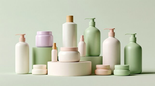 Assortment of empty pastel colored natural skincare cosmetic bottles arranged on soft light green background, organic beauty product packaging display concept
