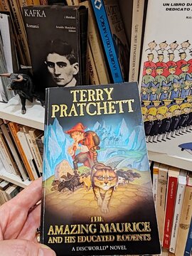 Rome, Italy &ndash; 14 July 2026, an oblique view of the novel The Amazing Maurice and His Brilliant Pets, from Terry Pratchett&rsquo;s Discworld series, in its English edition, on a shelf in a second-hand book
