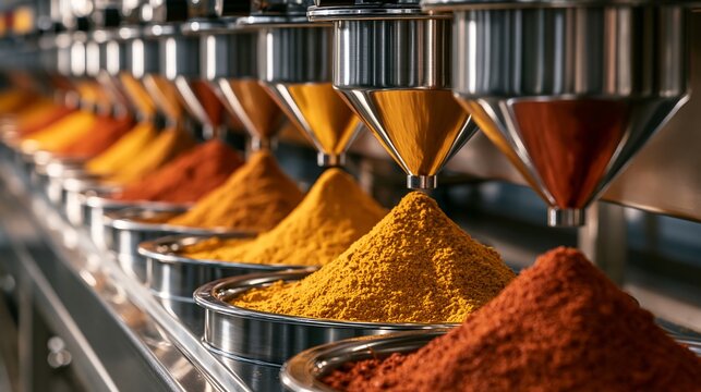 Industrial dispensers filling containers with colorful ground spices isolated on transparent background. Concept for food processing manufacturing and culinary commercial.