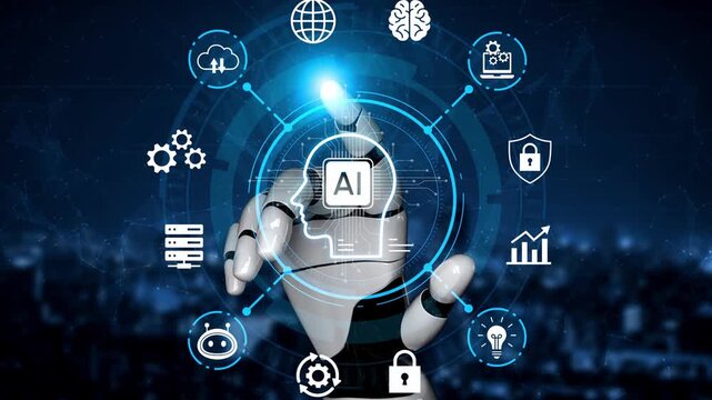 Futuristic Robot Hand Pointing at Artificial Intelligence Icon in Digital Network with Security and Data Integration Concept. Entropy.