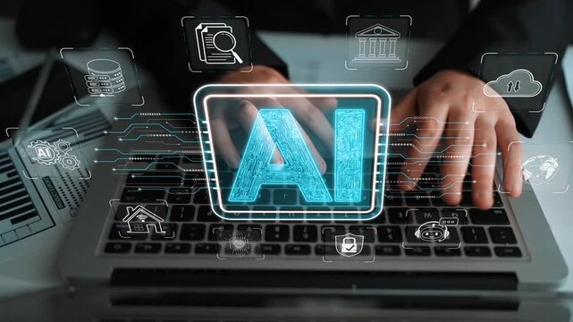 Hands typing on a laptop with digital AI icons representing technology, data analysis, cloud computing, and innovation in a corporate environment Sigmoid