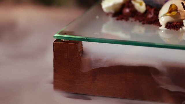 Deconstructed dessert presentation with liquid nitrogen smoke effect