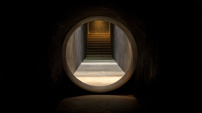 cavern. Round stone tunnel entrance with warm light glowing from within. real-estate listings, architecture portfolios, designed for interior renovation comparisons for interiors.