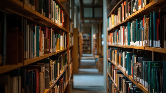 archive. Long corridor of library bookshelves receding, knowledge and perspective concept. real-estate listings.
