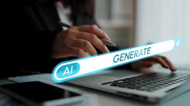 A business professional interacts with a laptop in a modern workspace while using an AI generate button, reflecting innovation and productivity in technology. Entropy.