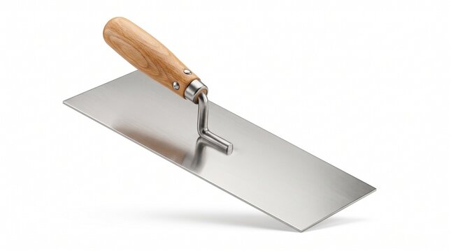 Professional stainless steel finishing trowel with wooden handle, construction masonry tool for plastering, industrial metal hand trowel for concrete work isolated PNG with Transparent Background