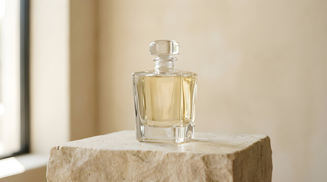 Glass perfume bottle standing on a textured stone pedestal in natural light
