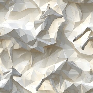 Low-poly white horse relief pattern with geometric facets