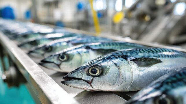 Mackerel Pack Fresh fish lined up on a conveyor belt in a seafood processing plant.