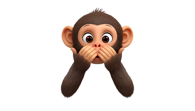 Cute baby monkey character covering mouth with soft furry hands in a playful 3d render style against a clean isolated white background showcasing a surprised and innocent facial expression today.