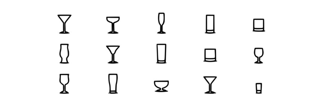 Cocktail Glasses Ideograms Set, Minimalist Icons Collection. Drinkware Symbols, Barware Design Elements