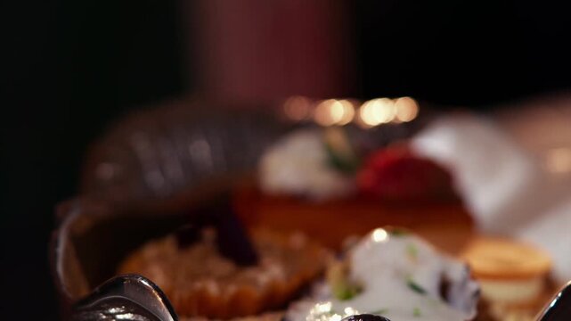 Elegant dessert tasting menu presented on a unique ceramic dish