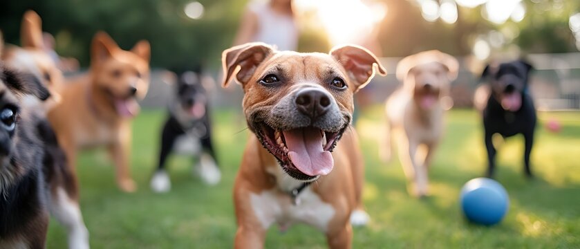 Happy brown dog running toward camera in sunny park with pack