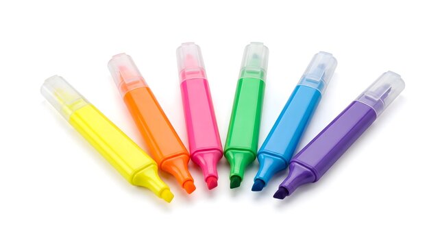 Set of colorful markers and highlighters arranged in a rainbow fan shape on a white background