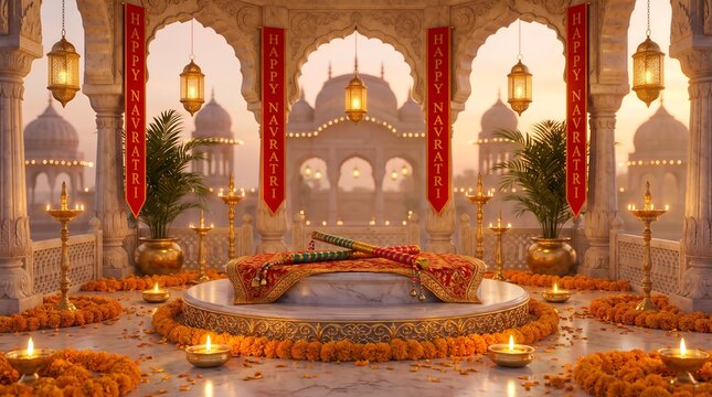 Traditional Indian Navratri Festival Decoration with Dandiya Sticks and Diyas