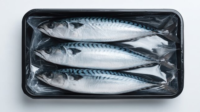 Mackerel Pack Three fresh mackerel fish neatly arranged in a black tray wrapped with clear plastic film.