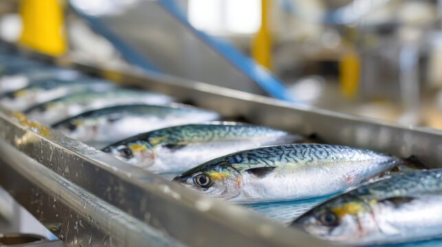 Mackerel Pack Fresh mackerel fish lined up on a conveyor belt in a seafood processing plant.