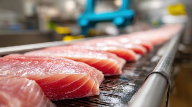 Mackerel Pack Raw salmon fillets lined up on a conveyor belt in a seafood processing facility.