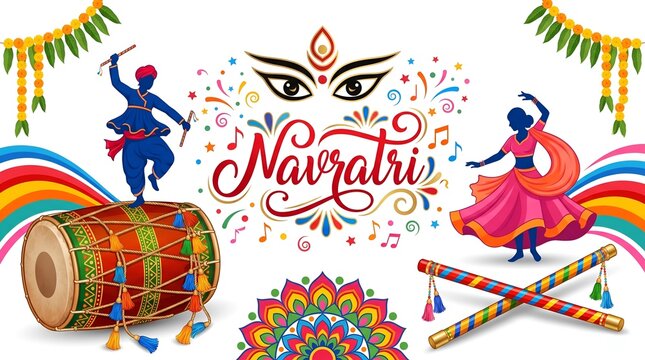 Colorful Navratri celebration illustration featuring traditional dancers, a decorated dhol drum, crossed dandiya sticks, musical notes, and festive ornamental patterns.