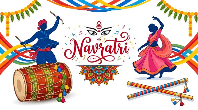 Colorful Navratri celebration illustration featuring traditional dancers, a decorated dhol drum, crossed dandiya sticks, musical notes, and festive ornamental patterns.