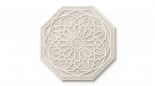 Islamic geometric pattern stone carving, octagonal marble relief with arabesque motif, traditional middle eastern architectural wall ornament isolated PNG with Transparent Background