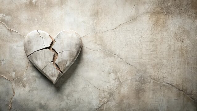 A weathered wooden heart, fractured and broken, rests upon a cracked, aged surface, symbolizing heartbreak and the passage of time.