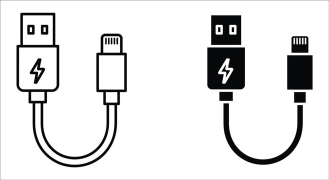 USB charging cable icon set, mobile phone power charger wire, lightning connector fast charge symbol, electronic data transfer cable graphic, black line and solid vector for hardware interface.