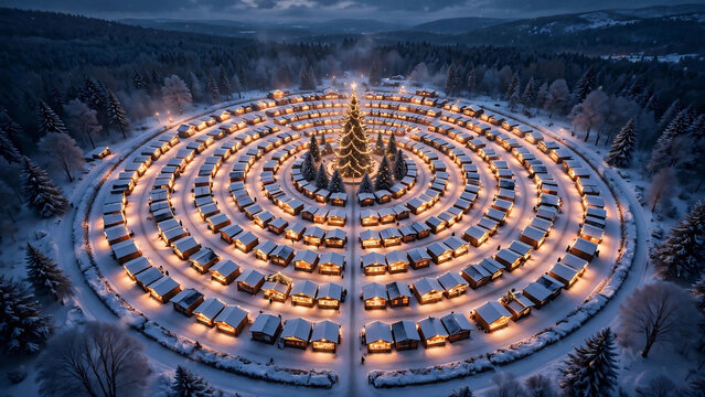Majestic Snowy Mountain Village with Circular Layout and Illuminated Tents at Night.