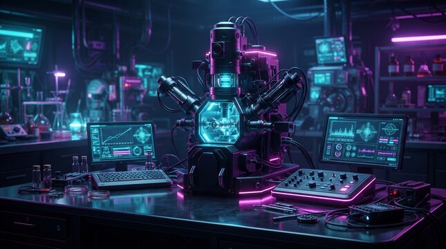 Futuristic scanning electron microscope with blue pink neon illumination inside a cyberpunk scientific research laboratory
