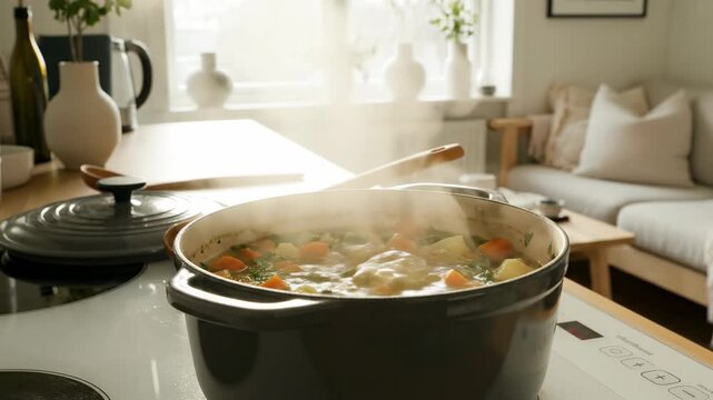 Steaming vegetable stew cooking in pot on kitchen stove.