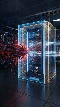 Secure Server Rack with Futuristic Holographic Shield Deflecting Cyber Attack and Malware in Data Center Room